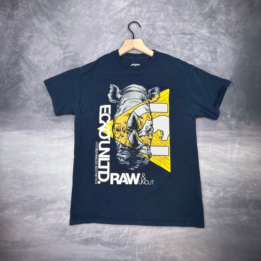 Ecko Unltd Mens Graphic T-Shirt Navy Blue Rhino Raw & Uncut Y2K Skater Size M - Picture 2 of 7